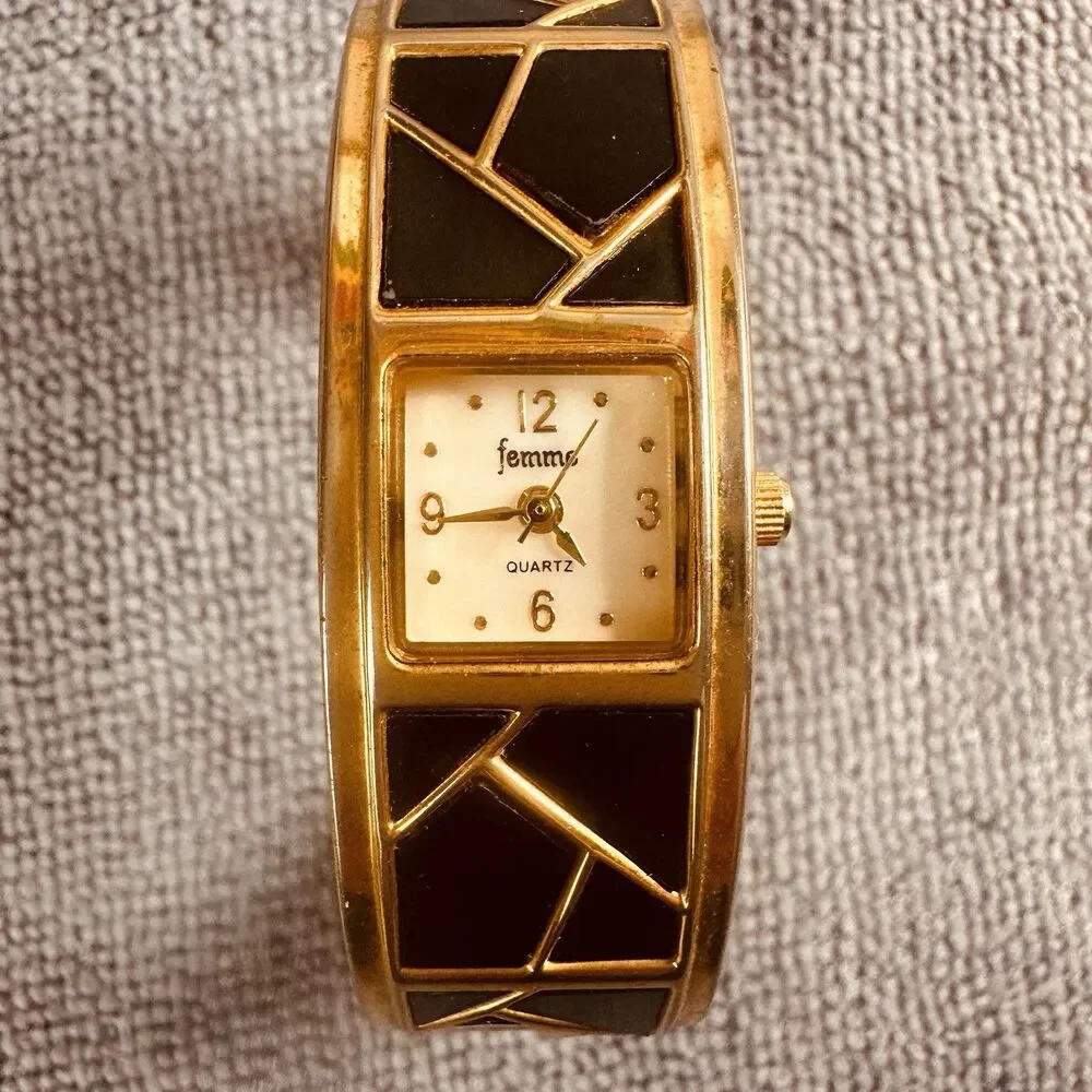 Vintage Femme Gold Tone Quartz Bangle Watch Black Geometric Art Deco Women’s
